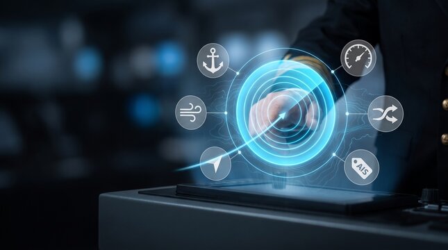 Closeup of a ship captain using a futuristic digital holographic interface for maritime navigation and vessel control