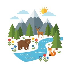 Naklejka premium Woodland animals in a stylized mountain landscape with river