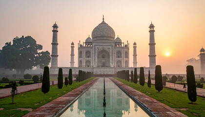 Obraz premium Taj Mahal at sunrise. Iconic white marble mausoleum in Agra, India.