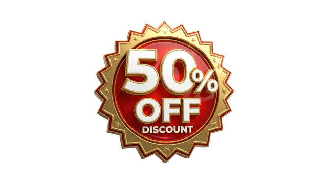 Golden starburst badge with 50 percent off discount text in red and white PNG Isolated on transparent background