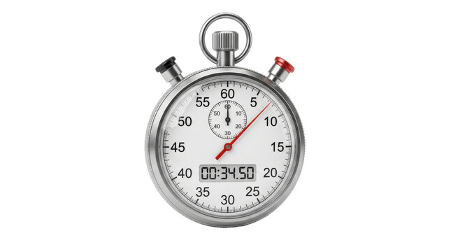 Classic Metal Stopwatch with Digital Display Showing 34.50 Seconds and Analog Dials PNG Isolated on transparent background