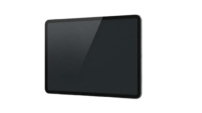 Modern sleek silver tablet computer with a dark screen and camera on top edge, viewed from a slight angle PNG Isolated on transparent background