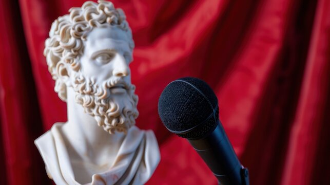Marble Statue of Classical Figure with Microphone Against Red Drapery Background