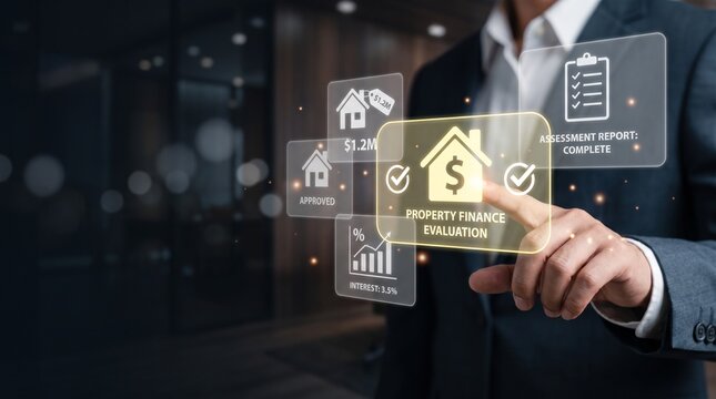 Businessman touching a digital interface showing property finance evaluation, mortgage approval, and real estate investment analysis