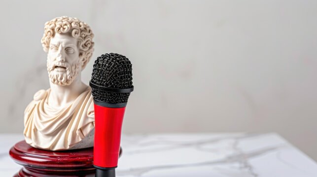 Classical Bust and Modern Microphone Contrast in Artistic Still Life Composition