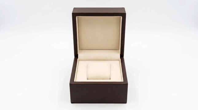 Open brown leather jewelry watch storage box with soft cream velvet interior on white background