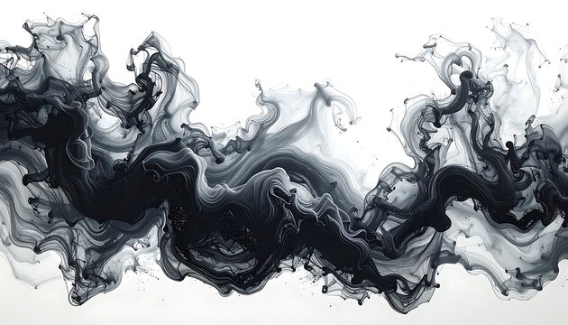 Abstract flowing dark ink swirls and particles on white background, organic fluid motion, dynamic energy