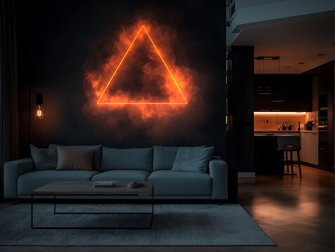 Modern living room with a glowing neon triangle and cozy atmosphere