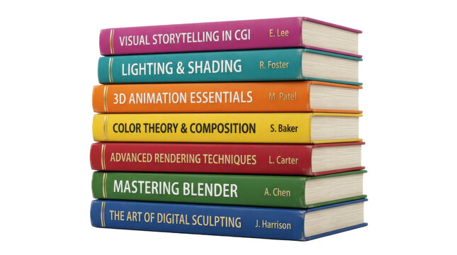 Stack of colorful books on digital art and 3D animation techniques for creative professionals PNG Isolated on transparent background