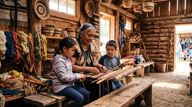 Authentic Indigenous elder teaching traditional weaving techniques to children inside a rustic artisan workshop, preserving ancestral craftsmanship, cultural heritage, and intergenerational knowledge.