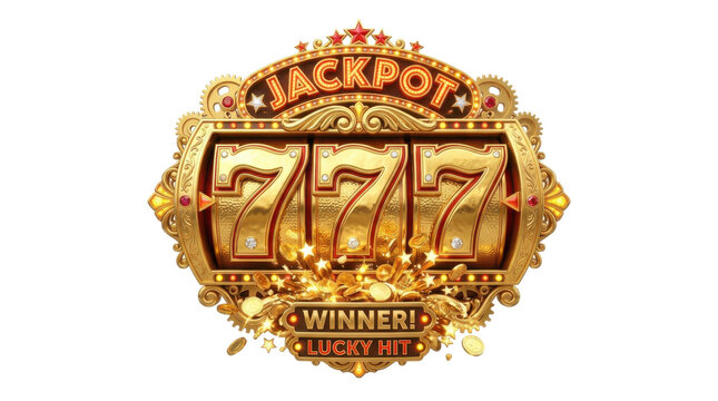 Golden Slot Machine Jackpot Winner Lucky Hit with Triple Sevens and Falling Coins PNG Isolated on transparent background