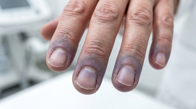 Peripheral Cyanosis Showing Blue Fingertips and Nail Beds Due to Reduced Oxygenation