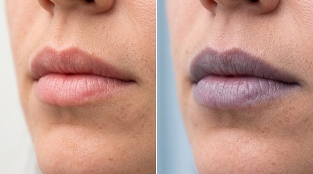 Comparison of Normal Lips and Cyanotic Blue Lips Demonstrating Clinical Sign of Hypoxia