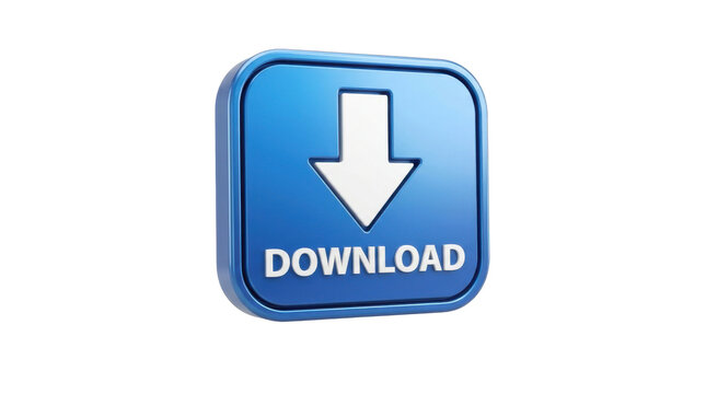Glossy blue download button with white arrow and text for digital content saving and data transfer PNG Isolated on transparent background