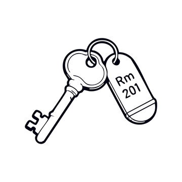 Vintage Hotel Room Key Line Art - Keychain Access Icon for Guest Room Booking Apps and Hospitality Media