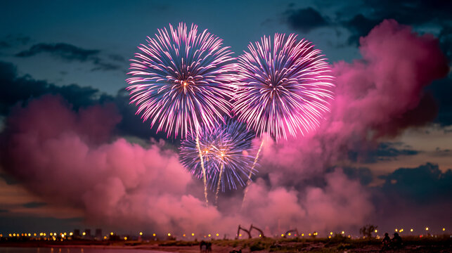 Pink fireworks exploding in night sky over dark landscape with fireworks