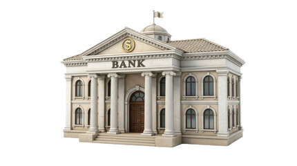 Fototapeta premium Classic Bank Building Facade with Columns and Dollar Sign Emblem PNG Isolated on transparent background