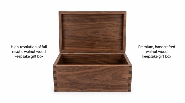 Open empty handcrafted dark walnut keepsake box with visible dovetail joinery isolated on white background surface