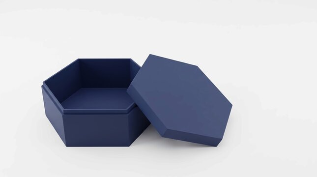 Dark blue hexagon shaped paper gift box with lid sitting open on plain white studio background