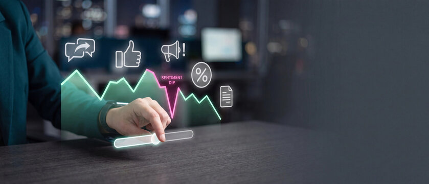 Business professional analyzing digital marketing sentiment data on a holographic chart in a modern office environment