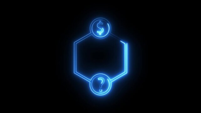 Neon hexagonal frame with dollar and question mark symbols glowing in blue light motion