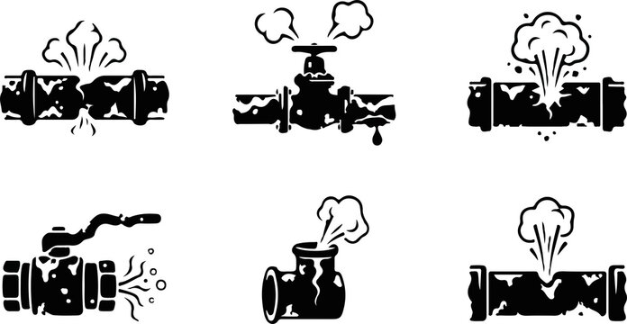 Plumbing pipe leak and burst icon vector set glyph design