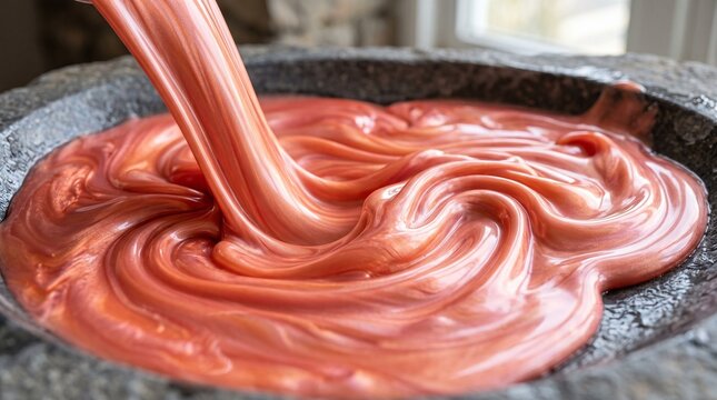 Shimmering rose gold liquid swirling in a dark stone bowl, creating mesmerizing patterns