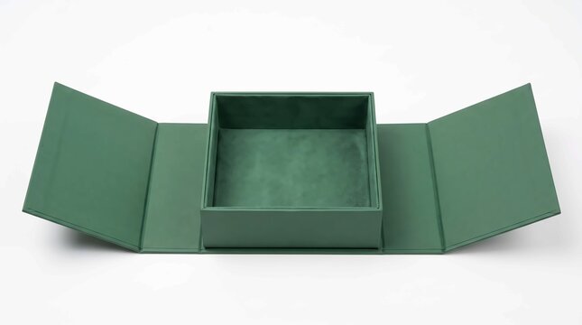 Elegant matte green folding box open wide on a clean white background for luxury product packaging