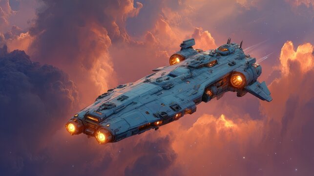 Blue starship flying through dramatic orange sunset clouds