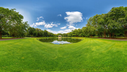 Fototapeta premium Serene park with a tranquil pond and lush green lawn under a blue sky