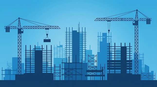 Urban development landscape with ongoing construction works and tower crane silhouettes