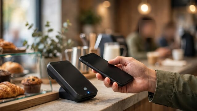 Customer making a contactless payment with a smartphone at a coffee shop counter.