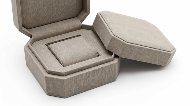 Empty luxury hexagonal jewelry gift box featuring textured beige fabric material isolated on white background surface