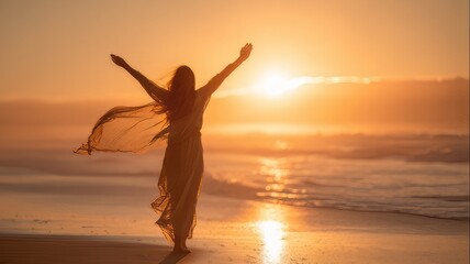 Fototapeta premium Silhouette of woman with arms raised at sunset beach, carefree female figure enjoying golden hour ocean breeze, spiritual wellness and freedom concept
