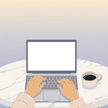 Overhead view of a woman's hands typing on a laptop with a blank white screen on a marble table next to a cup of black coffee