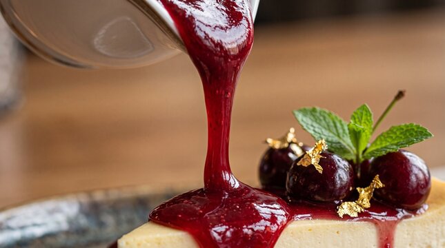 Gourmet cheesecake topped with glossy cherry coulis and fresh cherries
