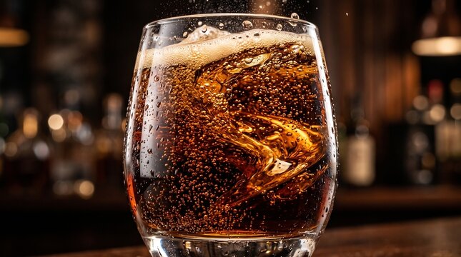 Refreshing cola with ice and bubbles swirling in a glass