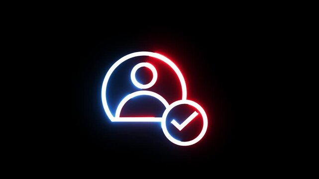 Neon user account verification symbol with glowing lines on black background motion loop
