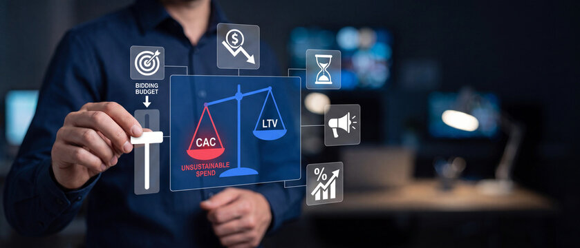 Business professional managing digital marketing budget balance between customer acquisition cost and lifetime value