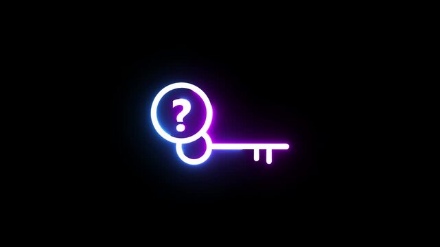 Neon key with question mark icon glowing animation on black background representing mystery