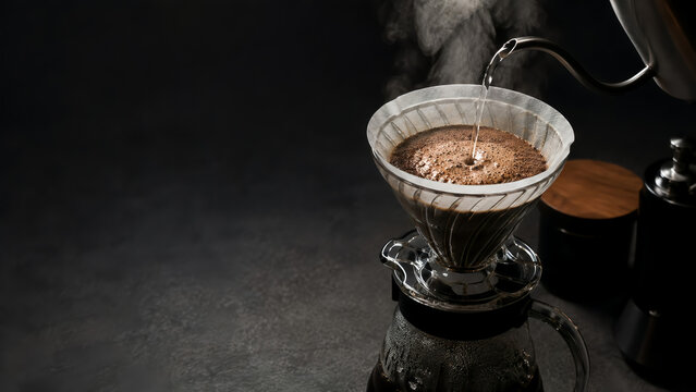 Cinematic macro photo of pour over coffee dripping in glass V60 with rising steam in moody lighting