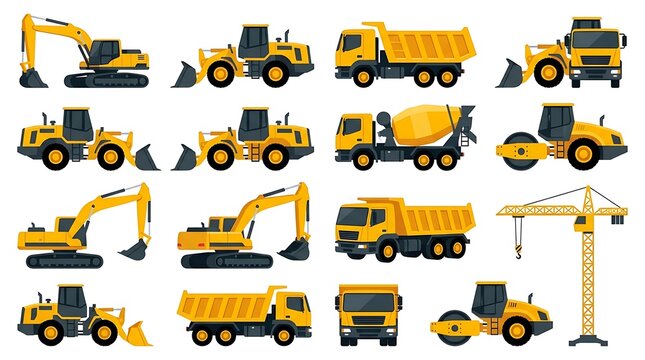 Set of yellow construction machinery and heavy vehicles icons in flat vector style