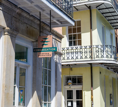 New Orleans, LA, USA - July 18, 2026: Congregation Coffee Roasters Coffee Shop on Camp Street in the Central Business District