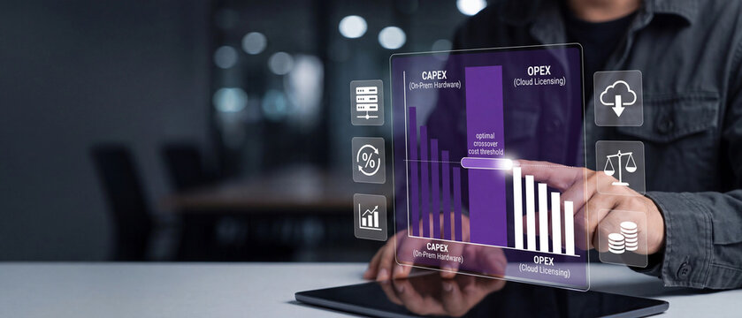 Business professional analyzing capex vs opex financial data on a futuristic digital interface in a modern office environment