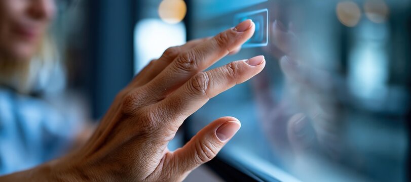 Hand Adjusting Privacy Setting on Transparent Touchscreen in Modern Office