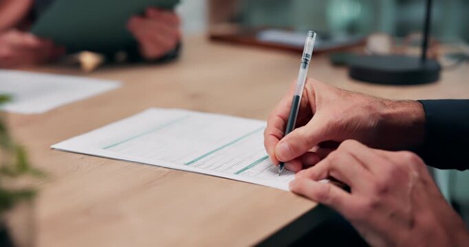Person, hands and documents with signature in office for legal agreement, contract or confirmation. Employee, signing or paper with application or form for insurance policy, terms or work conditions