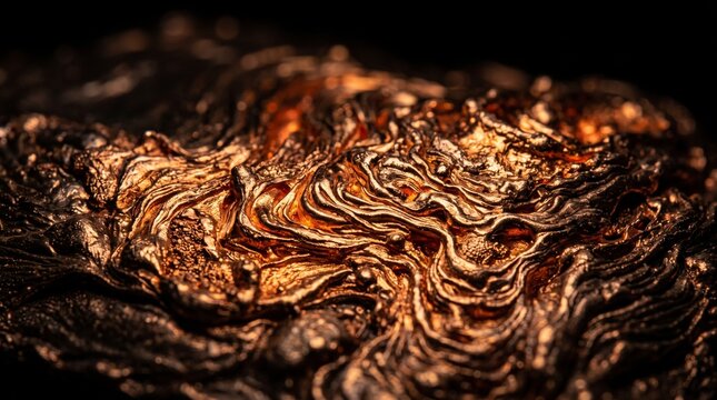 Close-up view of molten bronze with intricate wavy textures and glowing highlights
