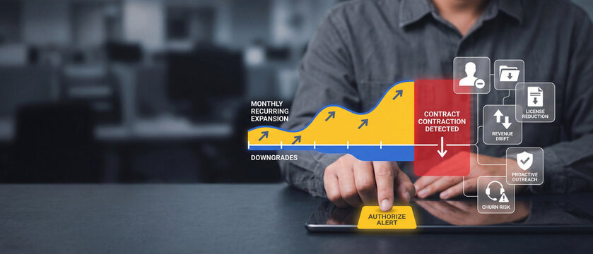 Business professional using digital interface to manage contract contraction and revenue churn risk analytics