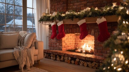 Obraz premium Cozy Christmas fireplace with red stockings, warm living room interior with brick hearth and glowing fire, festive holiday home decor background