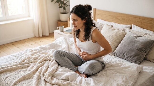 Young woman clutching her stomach while suffering from pain on bed